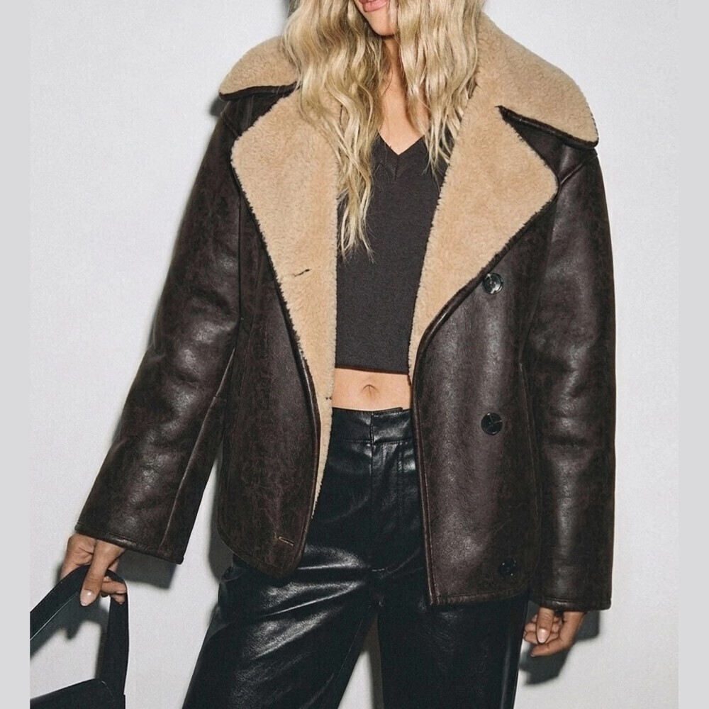 Brown Faux Shearling Contrast Lapel Oversized Moto Jacket